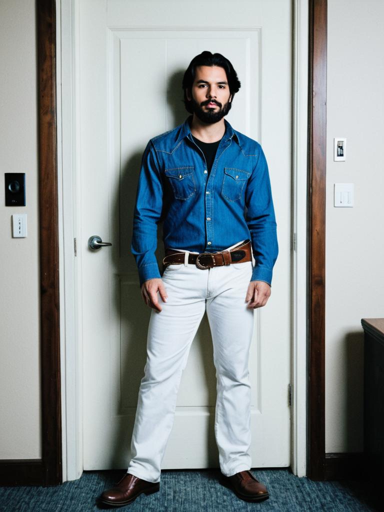 Man Wearing Blue Denim Shirt and White Pants with Brown Belt and Shoes