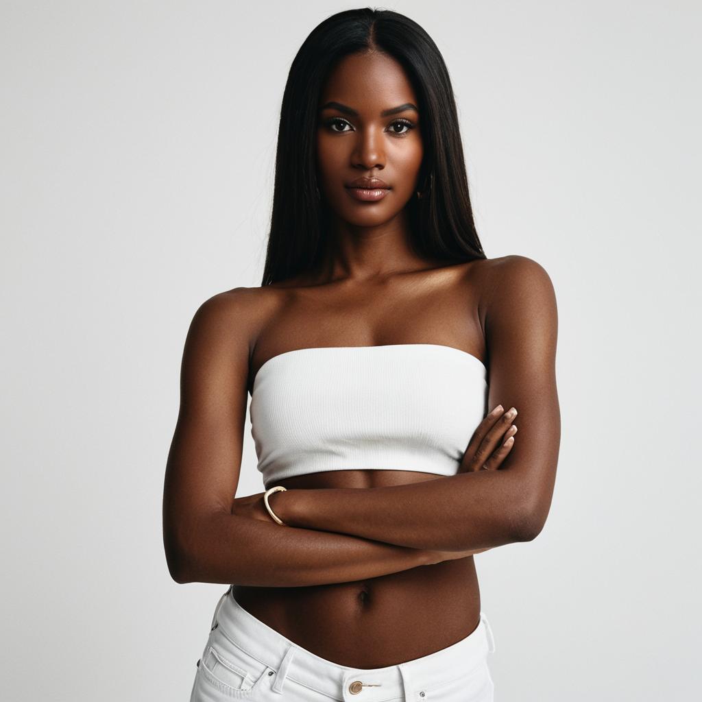Confident African American Woman in White Tube Top and Pants