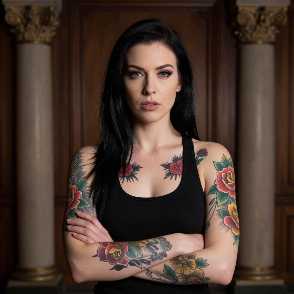 Confident Woman with Colorful Floral Tattoos in Classic Interior