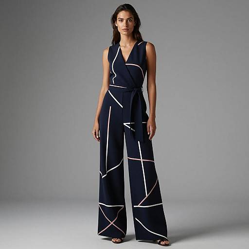 Modern Navy Blue Geometric Pattern Wide-Leg Jumpsuit for Women