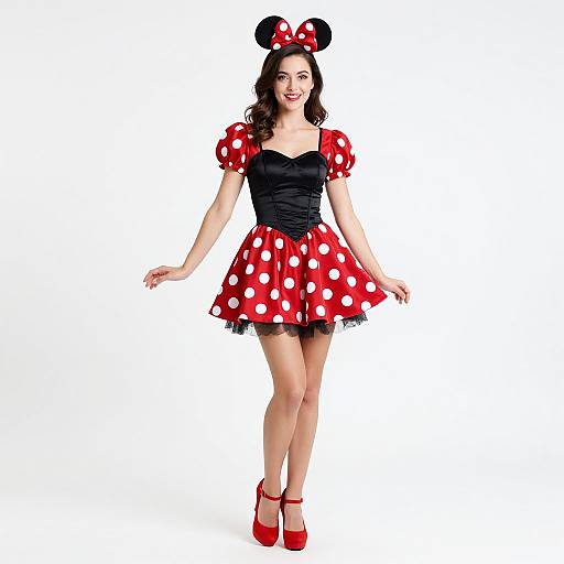 Woman in Classic Minnie Mouse Costume with Polka Dots and Headband