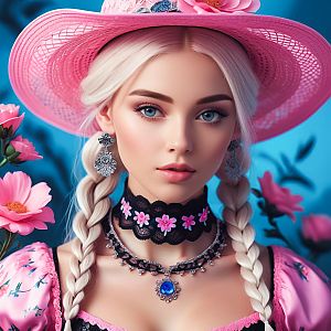 Young Woman in Pink Hat with Braids and Floral Outfit