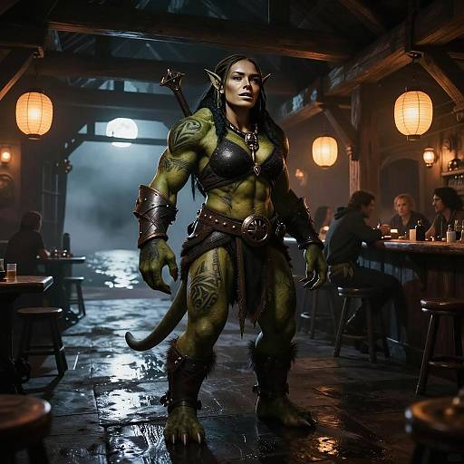Fantasy Muscular Green-Skinned Woman Warrior in Tavern