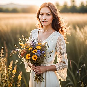 Serene Woman in Sunlit Field with Wildflowers
