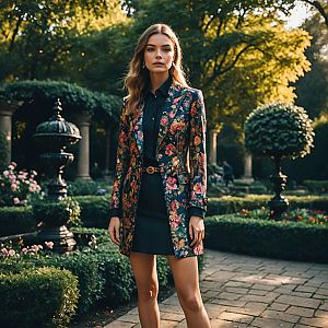 Confident Woman in Floral Blazer in Elegant Garden