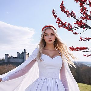 Young Woman in White Gown at Castle with Autumn Leaves