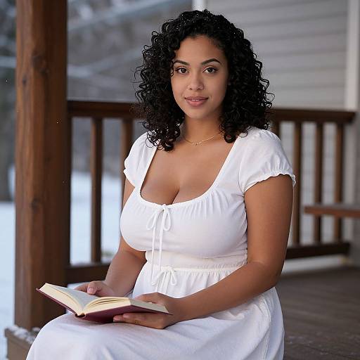 Young Woman Reading a Book on Wooden Porch in Winter