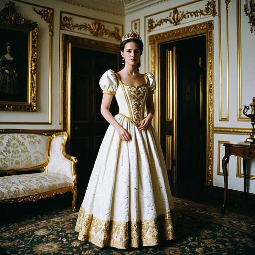 Woman in Princess-Themed White and Gold Dress Standing in Ornate Room
