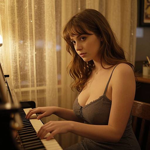 Young Woman Playing Piano in Cozy Indoor Setting