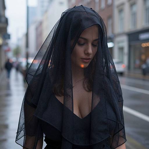 Woman in Sheer Black Veil Walking on Wet City Street