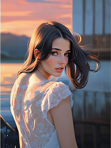 Young Woman in White Lace Dress at Sunset by the Water