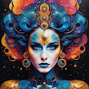 Futuristic Fantasy Portrait of Woman in Blue and Orange Headwear