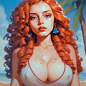 Woman with Red Hair and Blue Eyes on Tropical Beach