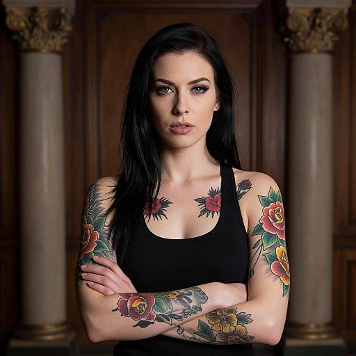 Confident Woman with Colorful Floral Tattoos in Classic Interior
