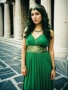 Woman in Green Greek Goddess Costume with Gold Accents