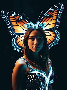 Woman in Butterfly Costume with Glowing Fantasy Wings Cinematic Portrait
