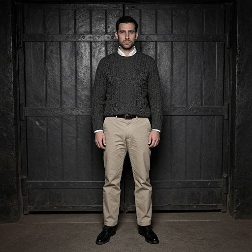 Man in Charcoal Sweater and Beige Chinos Standing by Metal Door