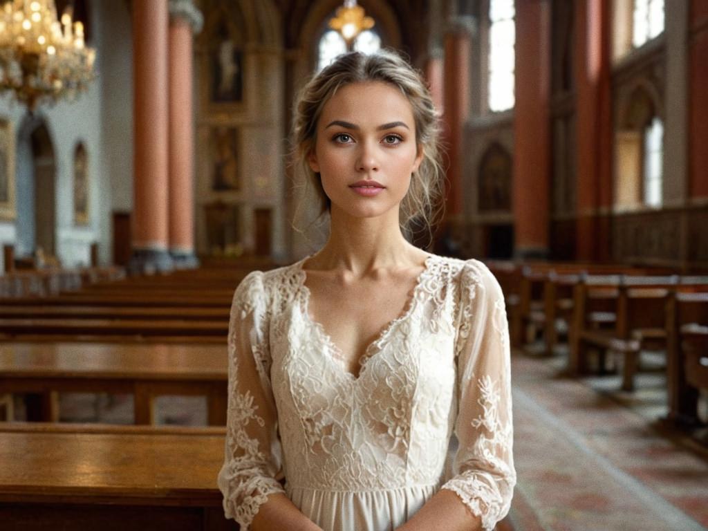 Elegant Bride in Lace Wedding Dress in Church Aisle