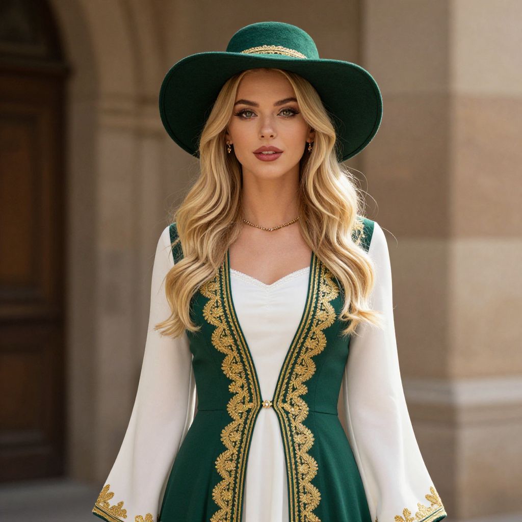 Elegant Woman in Green Embroidered Dress with Wide-Brimmed Hat