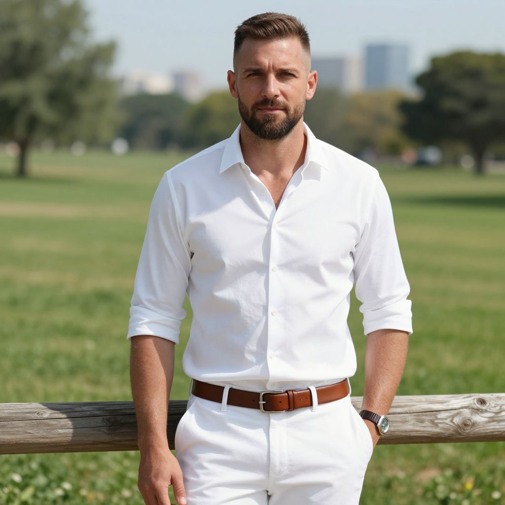 Confident Man in White Shirt Outdoors by Wooden Fence