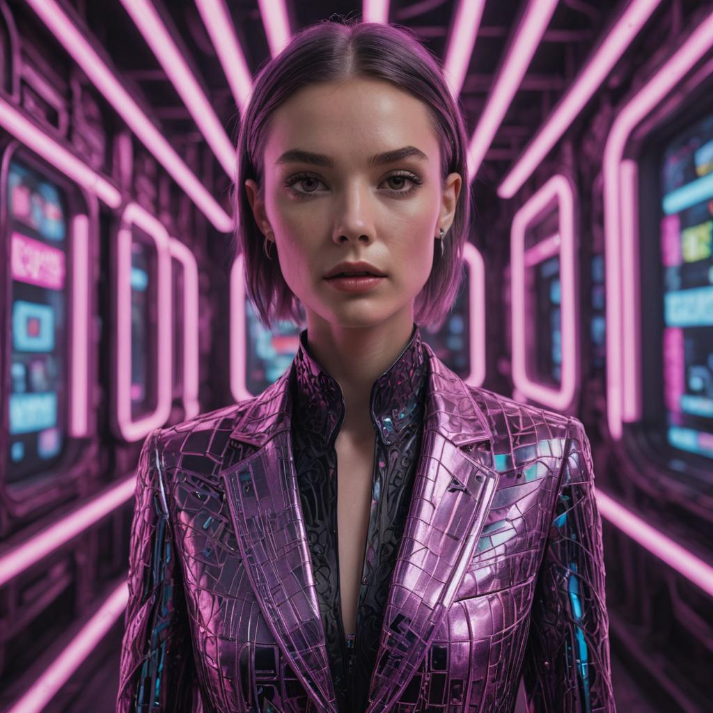 Serious Woman in Purple Metallic Suit in Futuristic Environment