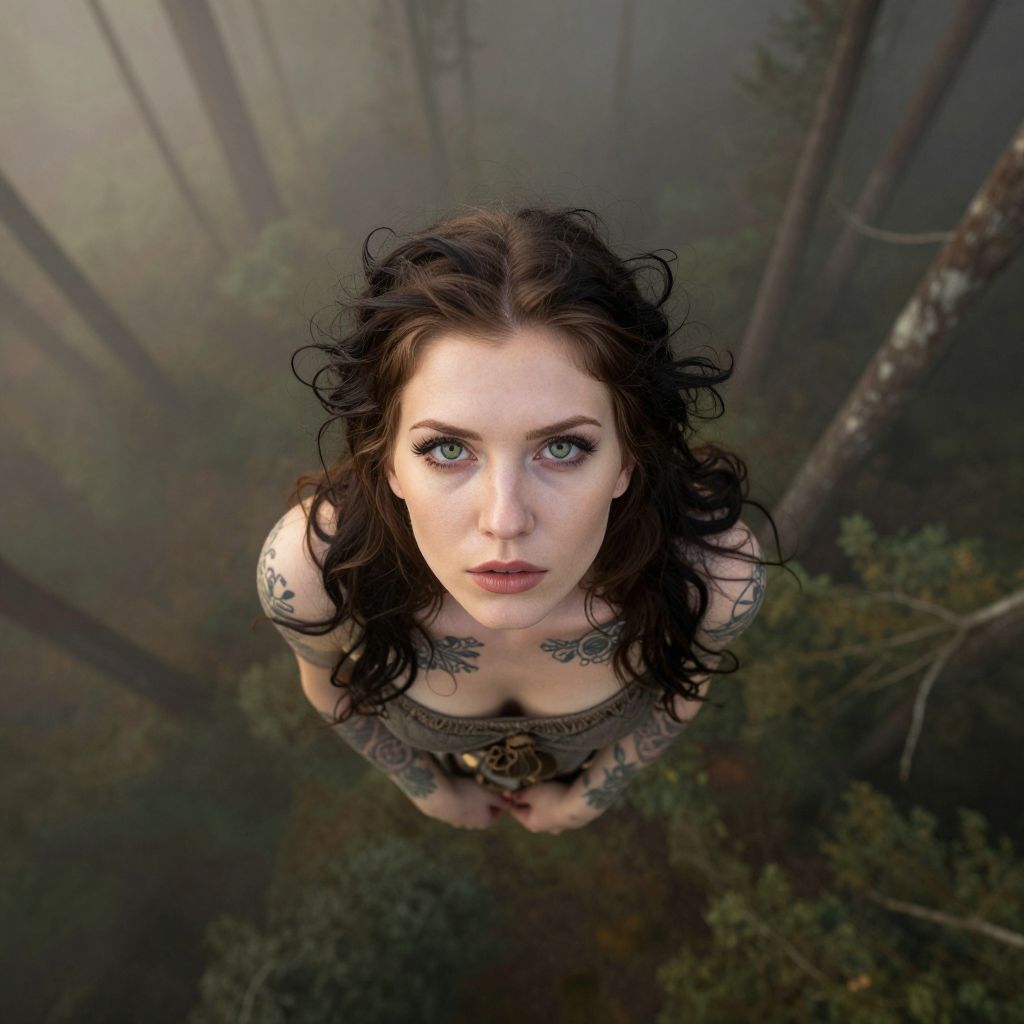 Portrait of Tattooed Woman Looking Up in Misty Forest