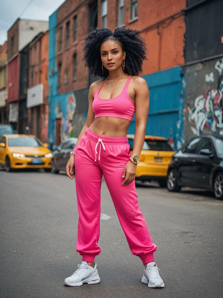 Woman in Pink Athletic Wear Posing in Urban Street with Graffiti