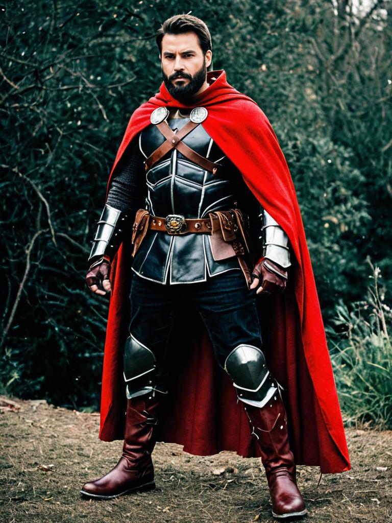 Man in Leather Warrior Costume with Red Cape in Forest