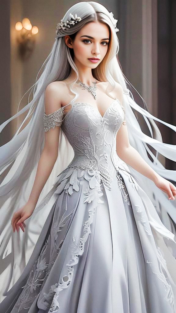 Elegant Woman in White Gown with Silver Hair