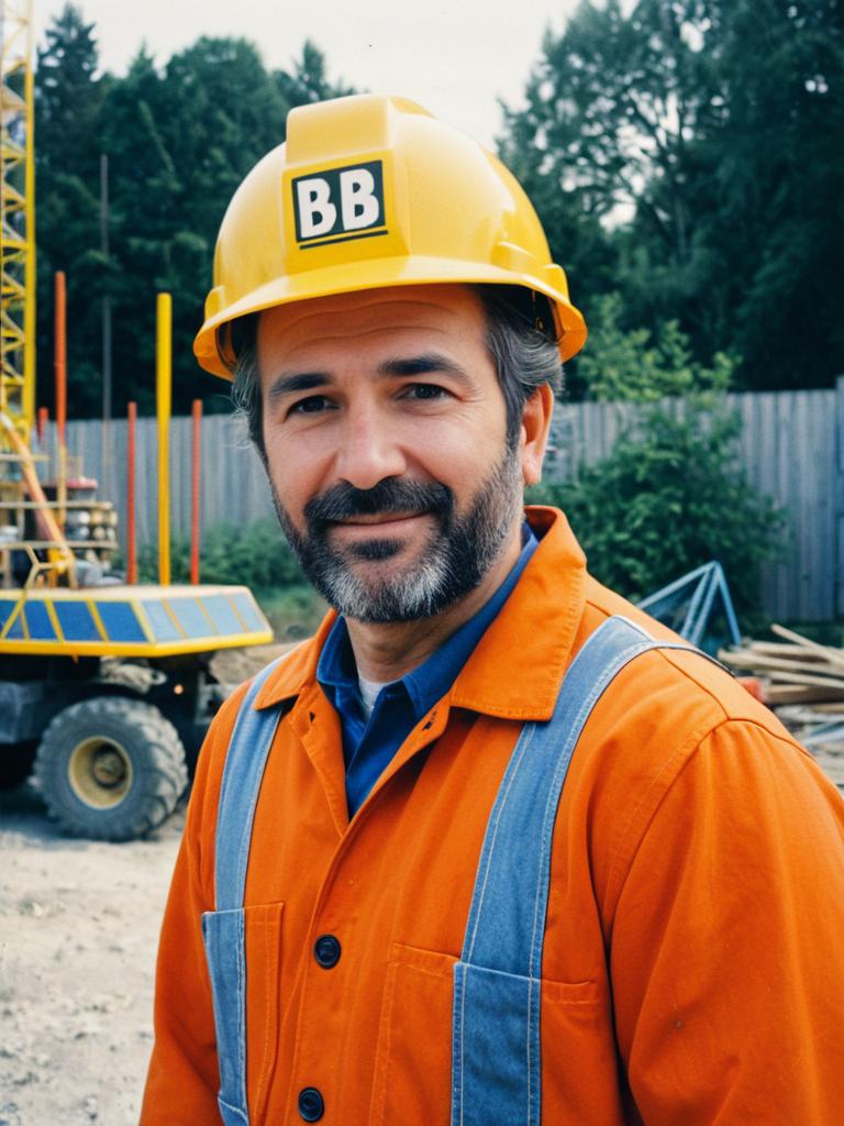 Man in Bob Builder Costume Photorealistic Outdoor Portrait Daylight