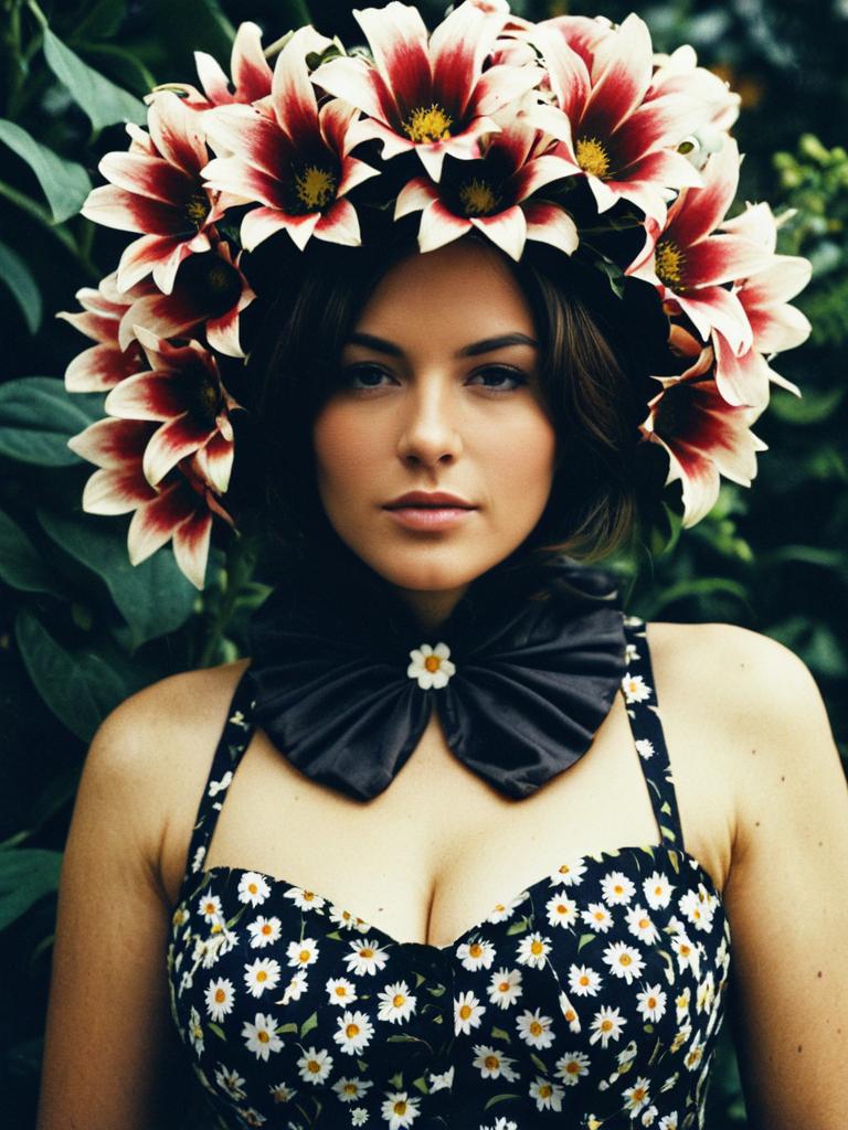 Woman in Flower Costume with Floral Crown and Daisy Dress - Editorial Portrait