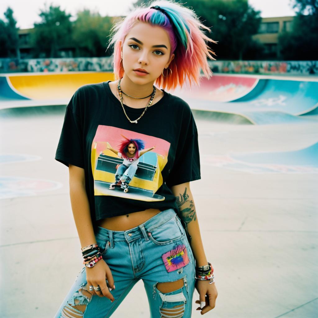 Confident Young Woman with Rainbow Hair in Urban Skate Park