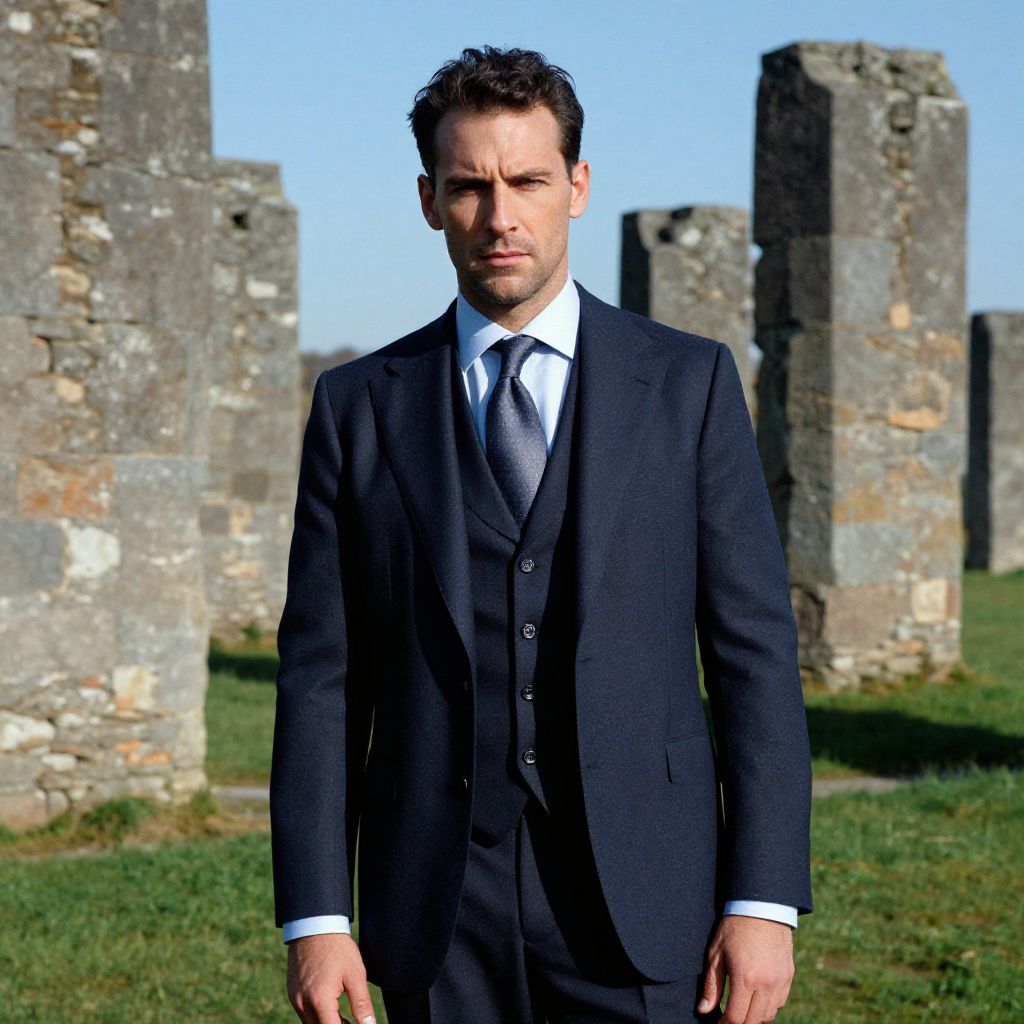 Man in Navy Blue Three-Piece Suit Standing by Ancient Stone Ruins