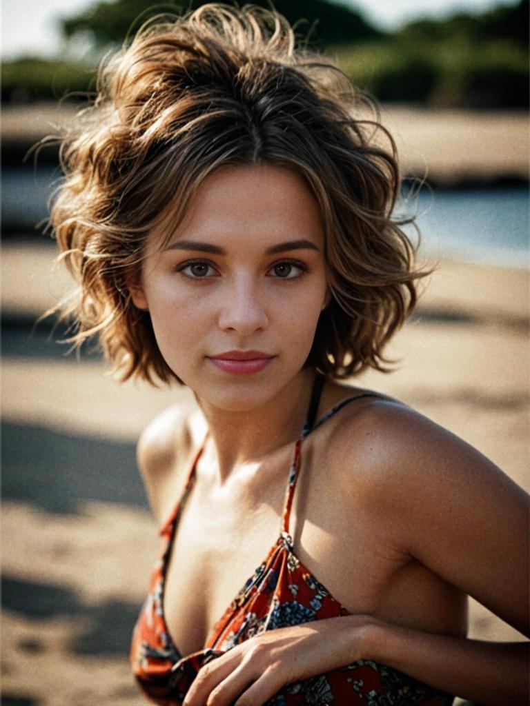 Confident Woman in Floral Dress on Sunny Beach