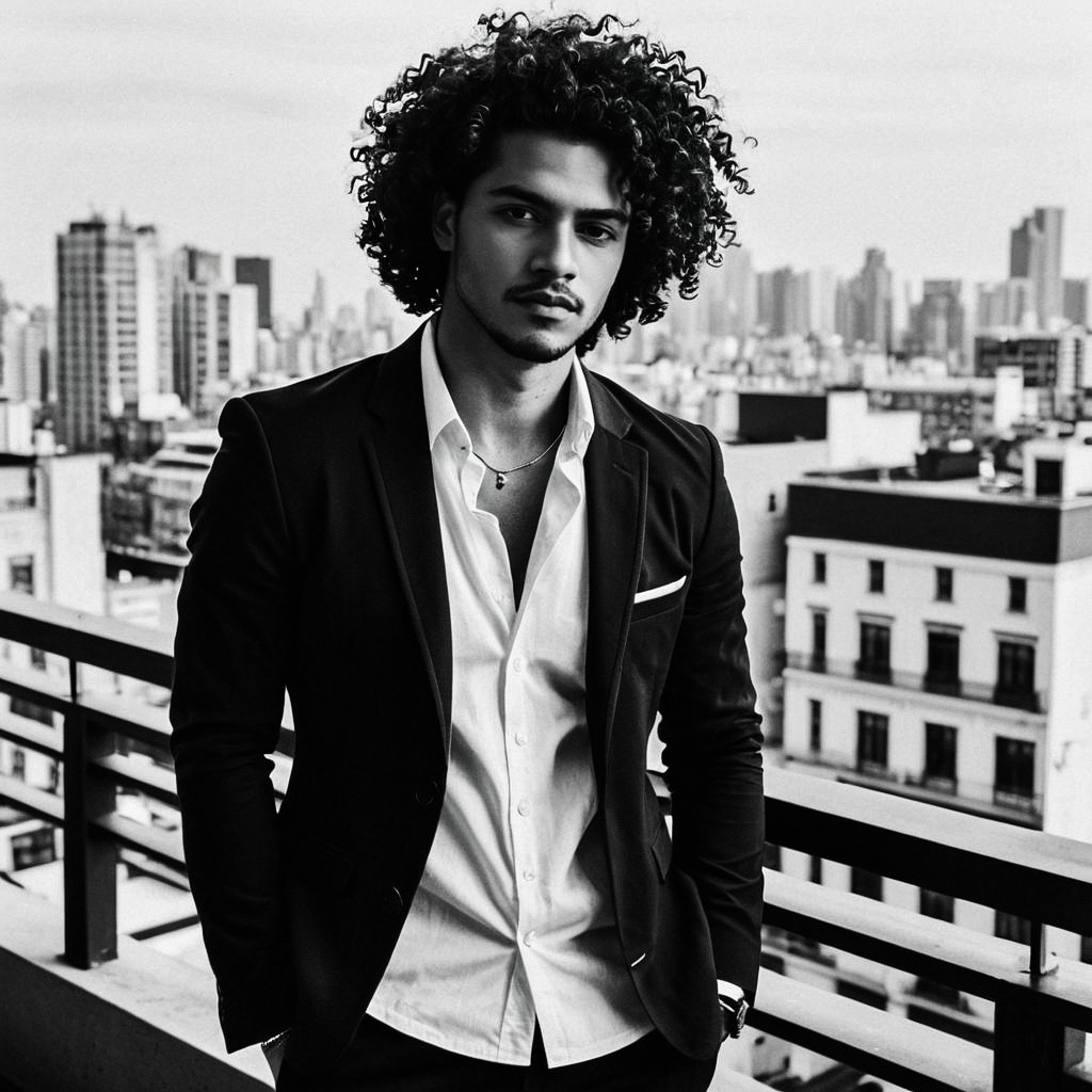 Confident Young Man in Black Blazer on City Balcony