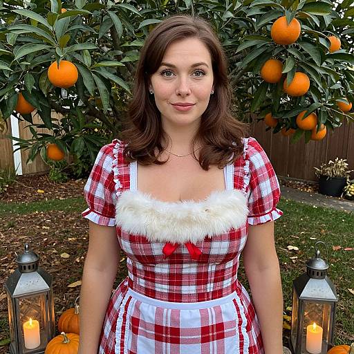 Woman in Vintage Red Plaid Dress with Fur Trim Standing by Orange Tree and Lanterns