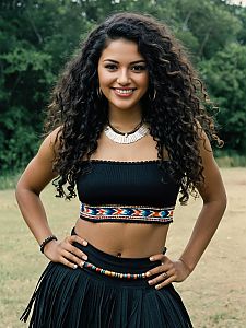 Confident Woman Wearing Boho Chic Black Crop Top and Skirt Outdoors