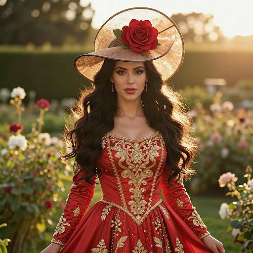 Elegant Woman in Red Embroidered Gown and Rose-Adorned Hat in Rose Garden