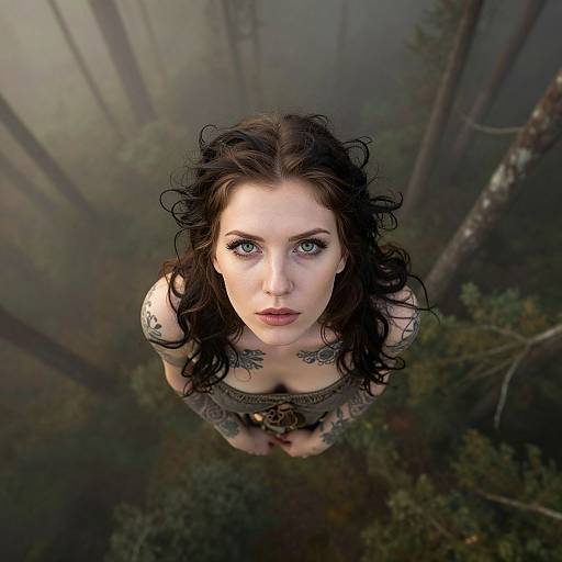 Portrait of Tattooed Woman Looking Up in Misty Forest