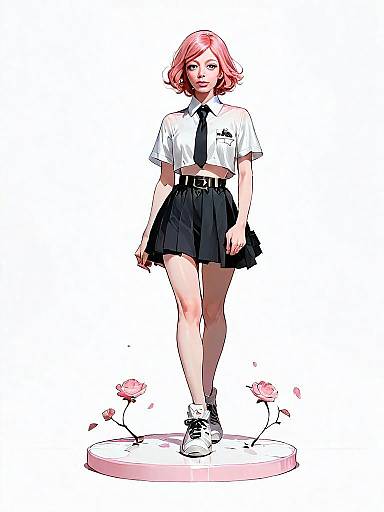 Stylized Digital Illustration of Woman in Casual Chic Outfit with Pink Hair