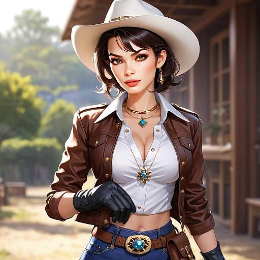 Stylish Woman in Modern Western Outfit with Cowboy Hat and Leather Jacket