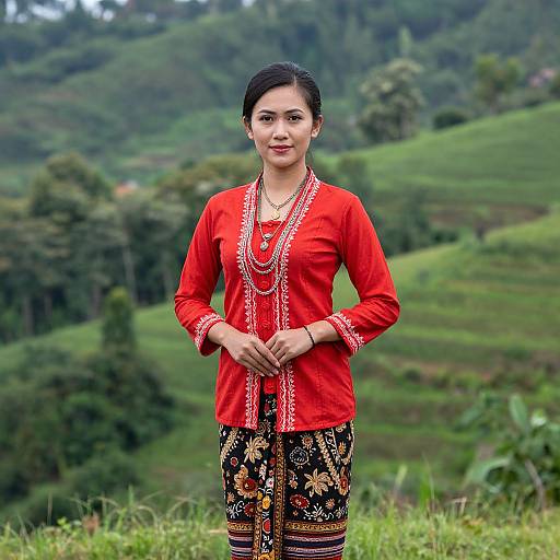 Woman in Traditional Southeast Asian Dress with Red Blouse in Green Rural Landscape