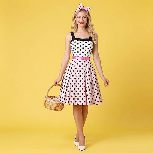 Retro 1950s Woman in Polka Dot Dress Holding Wicker Basket