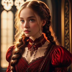 Young Woman in Vintage Red Gown in Ornate Interior