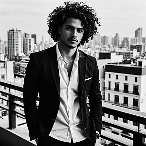 Confident Young Man in Black Blazer on City Balcony