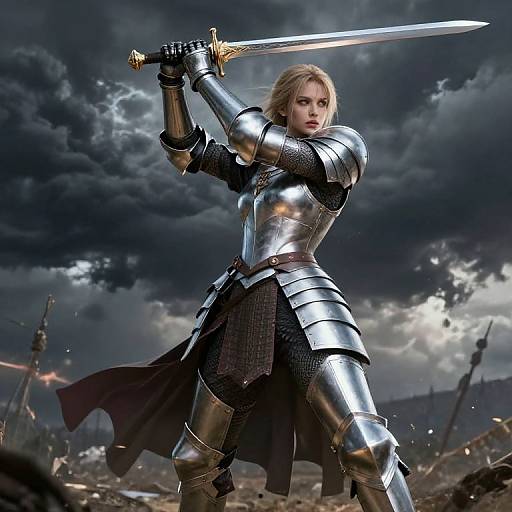 Woman Knight in Detailed Medieval Armor Holding Sword Against Stormy Sky
