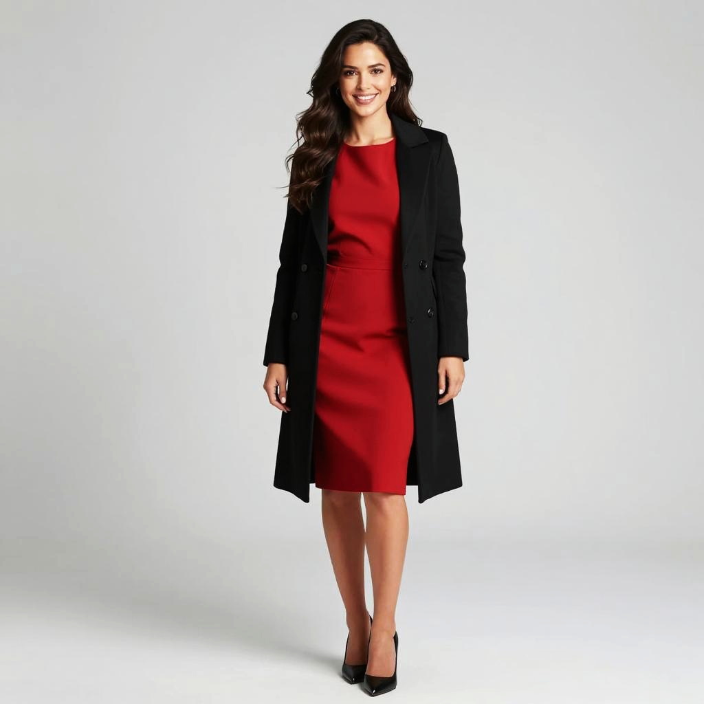Elegant Woman Wearing Red Dress and Black Coat Fashion Outfit