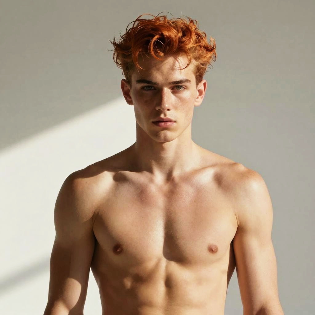 Portrait of Shirtless Young Red-Haired Man Gen Z Style