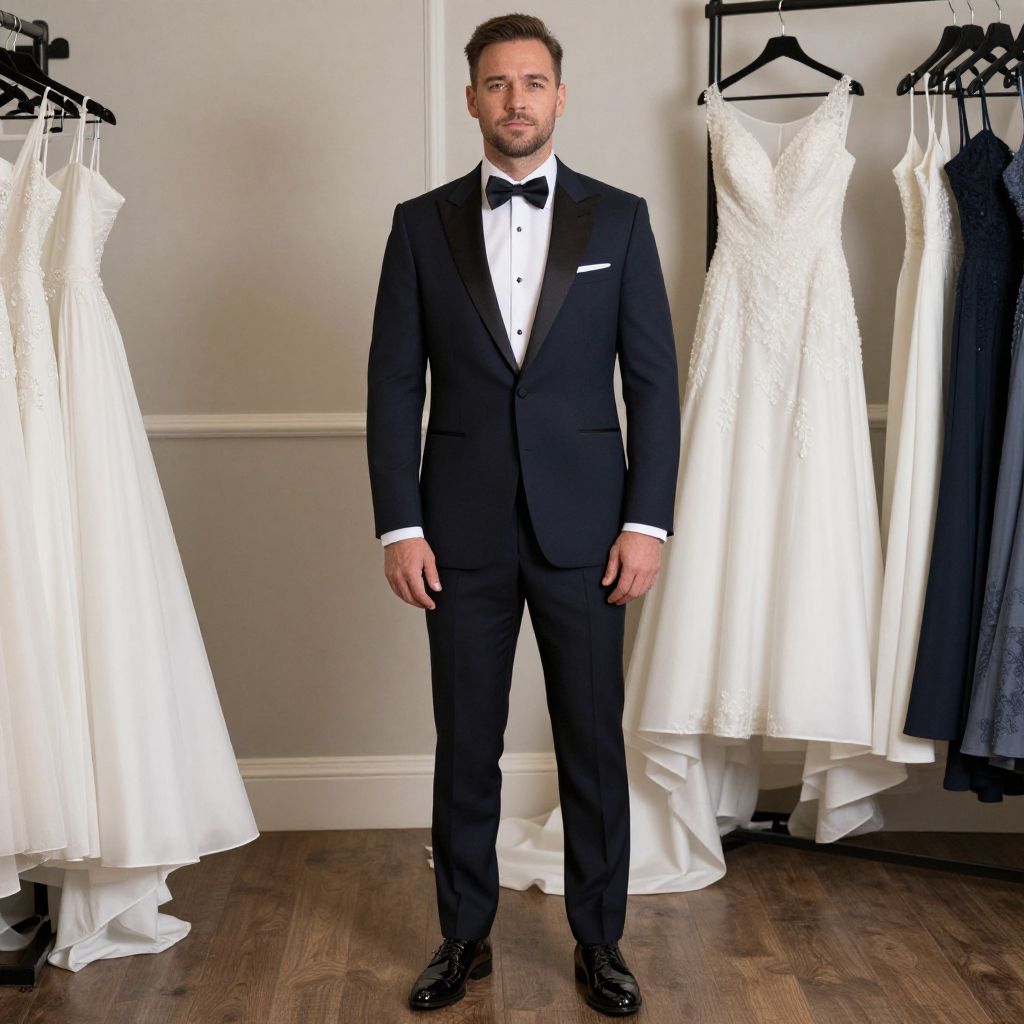 Man in Elegant Tuxedo Standing Among Wedding Dresses in Bridal Boutique