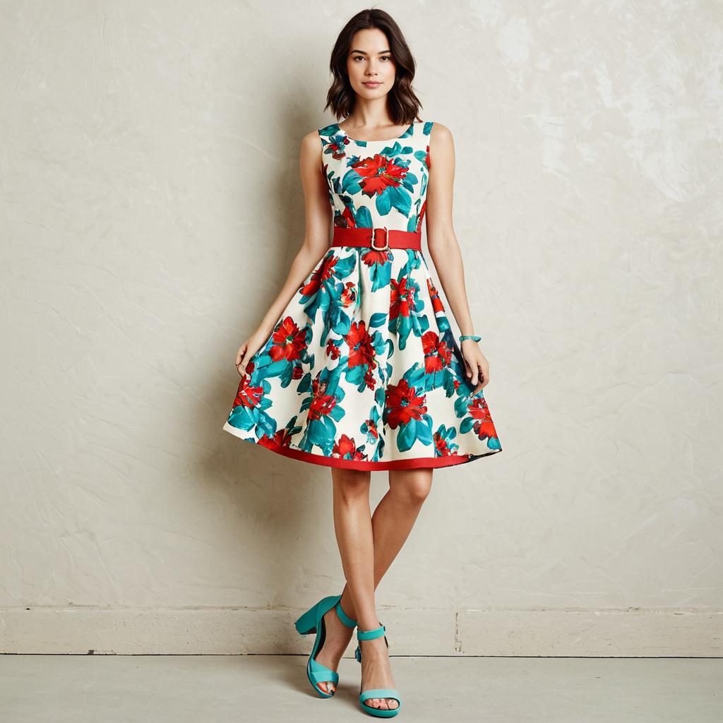 Woman in Ivory Knee-Length A-Line Dress with Bold Red Floral Print and Teal Accessories